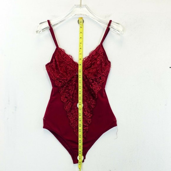 POLLY Women's Red Wine One Piece Bodysuit 4 SMALL Floral Strap Bustier Sheer - Picture 8 of 12
